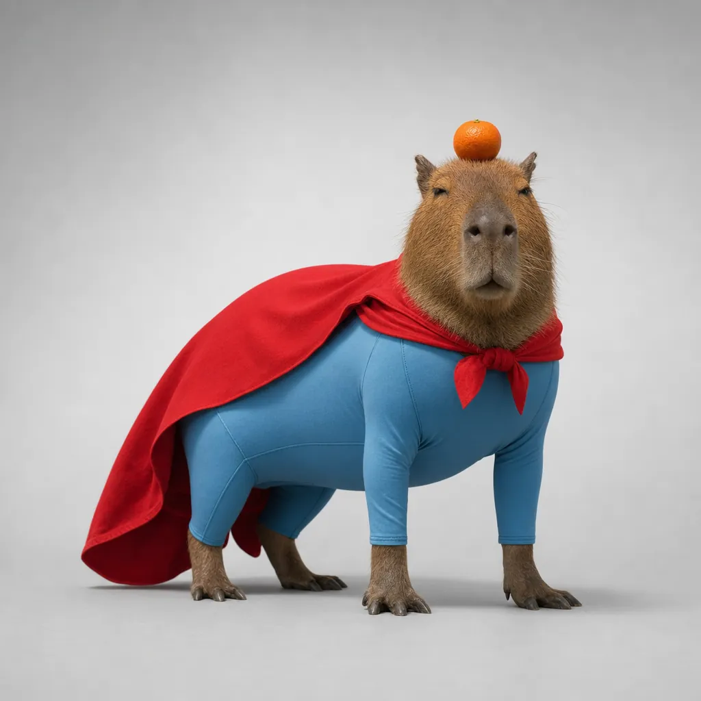 Super Capy standing in his sky-blue suit.